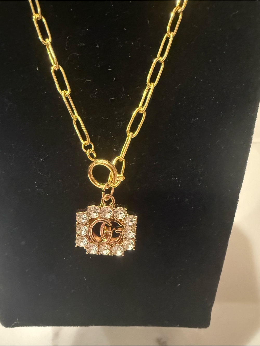 Upcycled Gucci Gold Crystal GG Charm Pendant Necklace - Picture 8 of 12